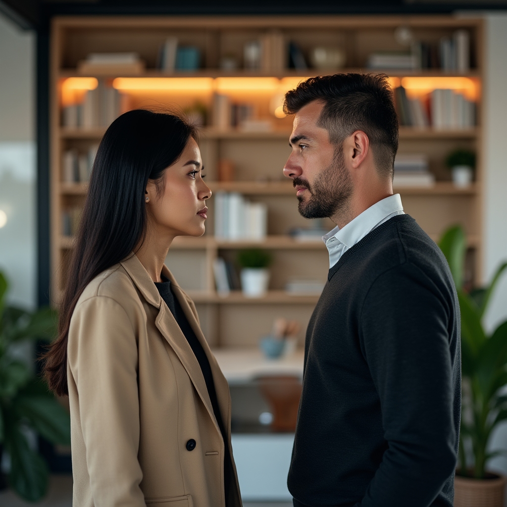 Dos profesionales manteniendo una conversación difícil pero serena en espacio de trabajo moderno