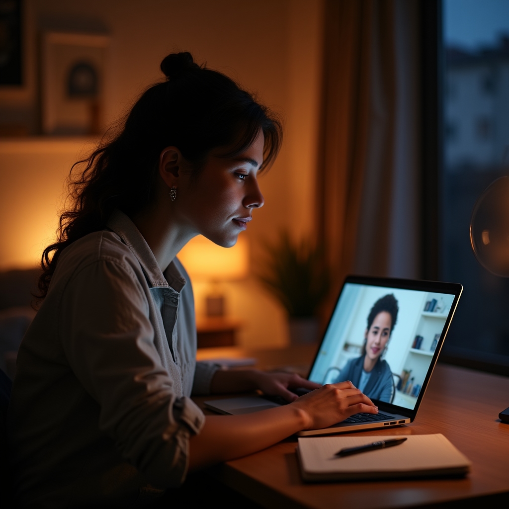 Participante en sesión online vespertina de formación desde casa