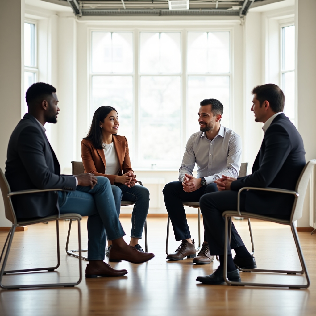 Grupo pequeño de profesionales en sesión práctica de trabajo emocional, ambiente de aprendizaje activo